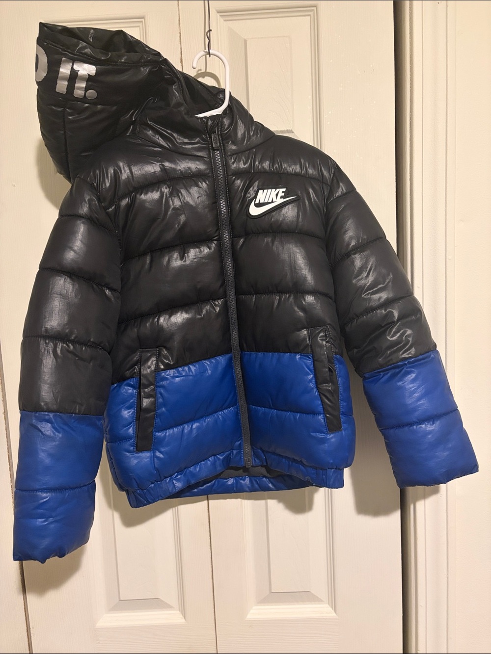 Nike Kids Black and Royal Blue Puffer Jacket with Hood